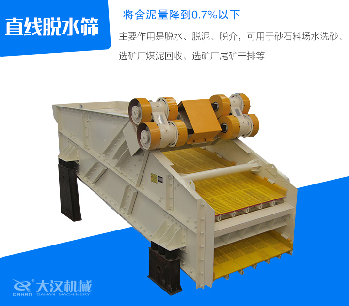 直線脫水篩主要作用是脫水、脫泥、脫介，可用于砂石料場(chǎng)水洗砂、 選礦廠煤泥回收、選礦廠尾礦干排等